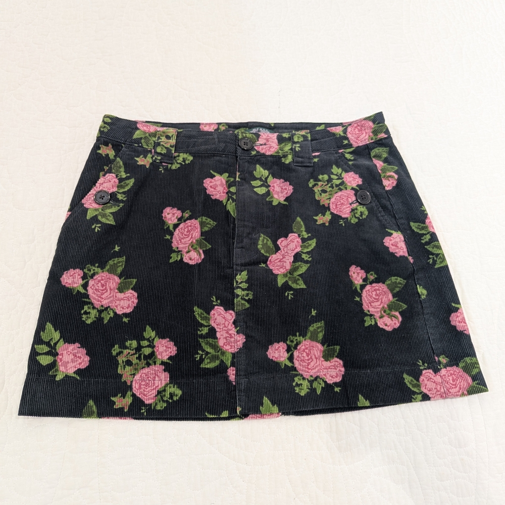 Wild Fable Black Mini Corduroy Skirt with Pink Floral Design